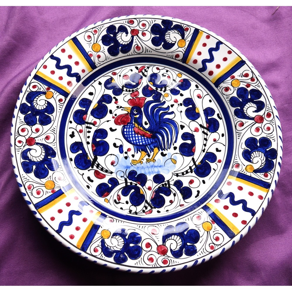 Fima Deruta Italy Hand Painted Rooster Plate Blue Round 8.5" Floral Yellow Red